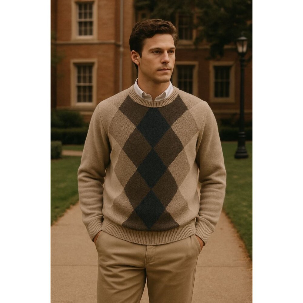 Dockers Argyle Crewneck Sweater‎ Beige Size XL Mens Cotton Preppy Classic Casual